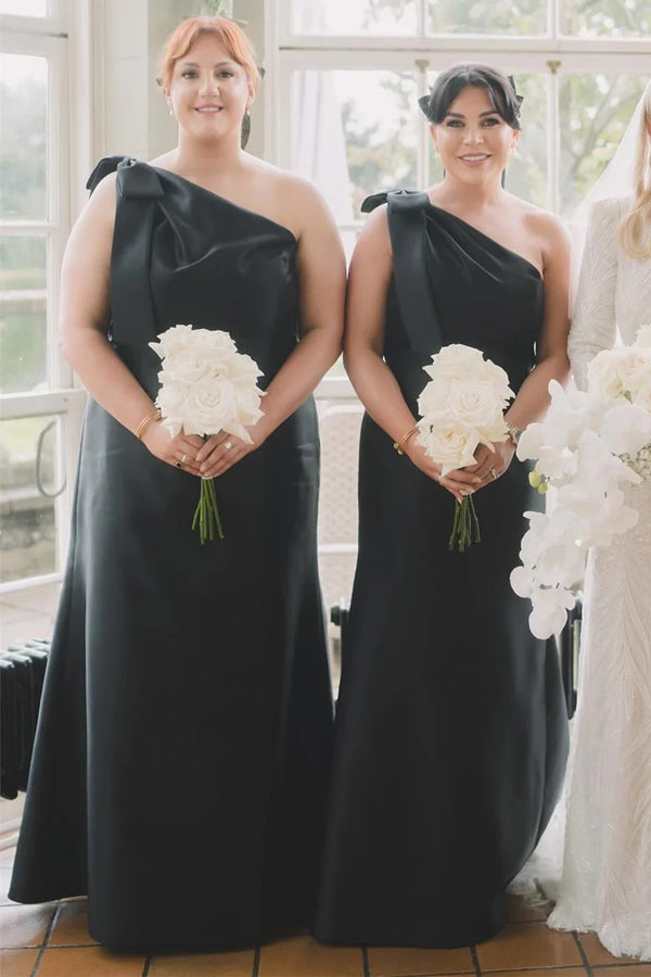 Black Mermaid One-Shoulder Bridesmaid Dress, Bow Strap