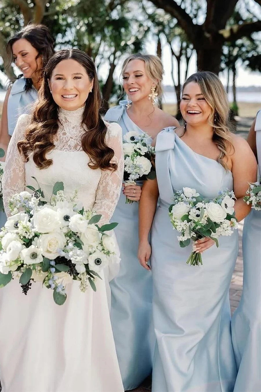 Black Mermaid One-Shoulder Bridesmaid Dress, Bow Strap