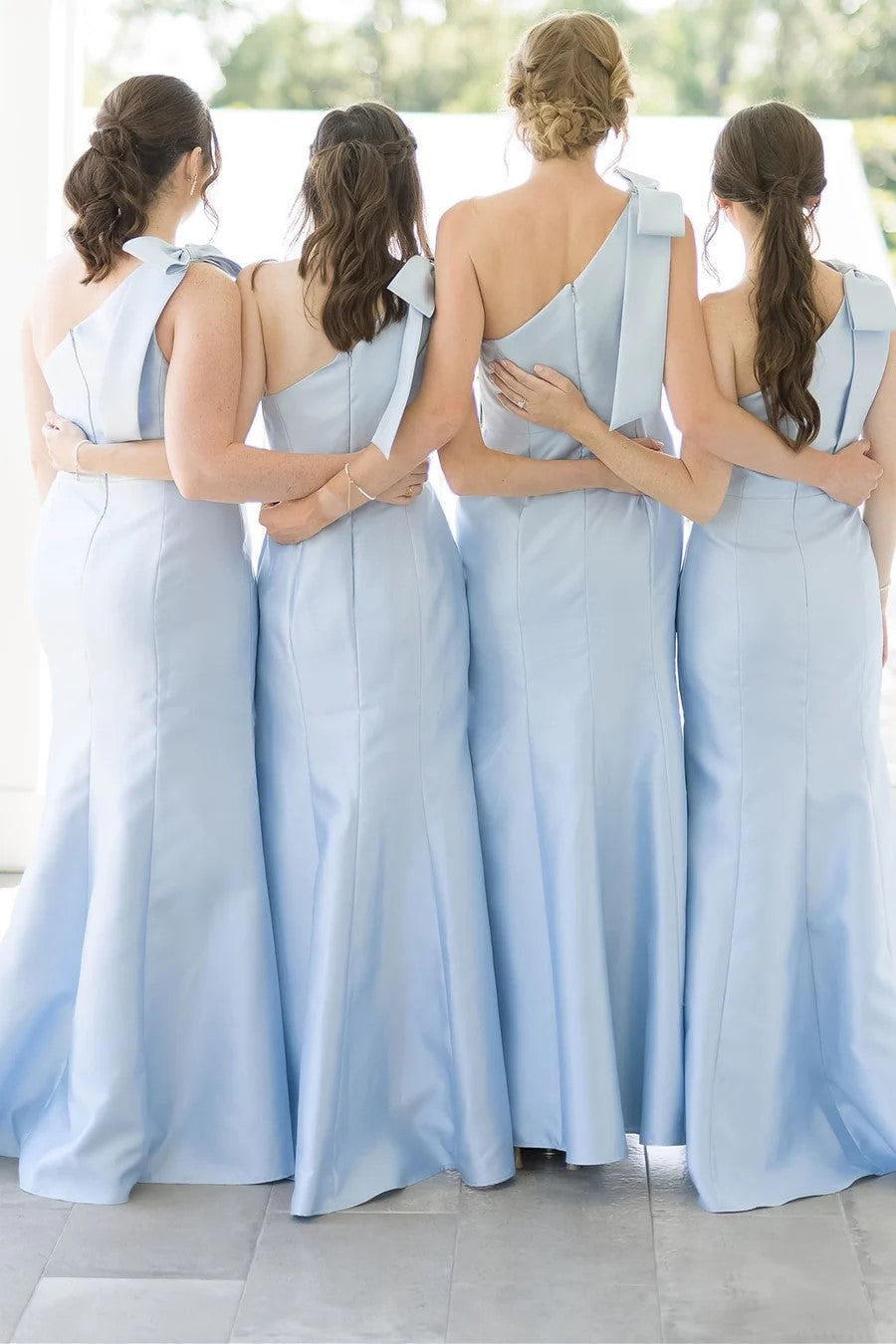 Black Mermaid One-Shoulder Bridesmaid Dress, Bow Strap