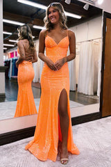 Shinny Orange Sequins Mermaid Sheath Long Prom Dress