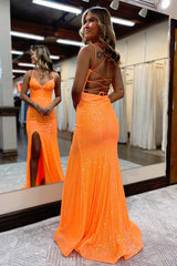 Shinny Orange Sequins Mermaid Sheath Long Prom Dress