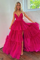 A-Line Spaghetti Straps Long Ruched Tulle Prom Dress With Split
