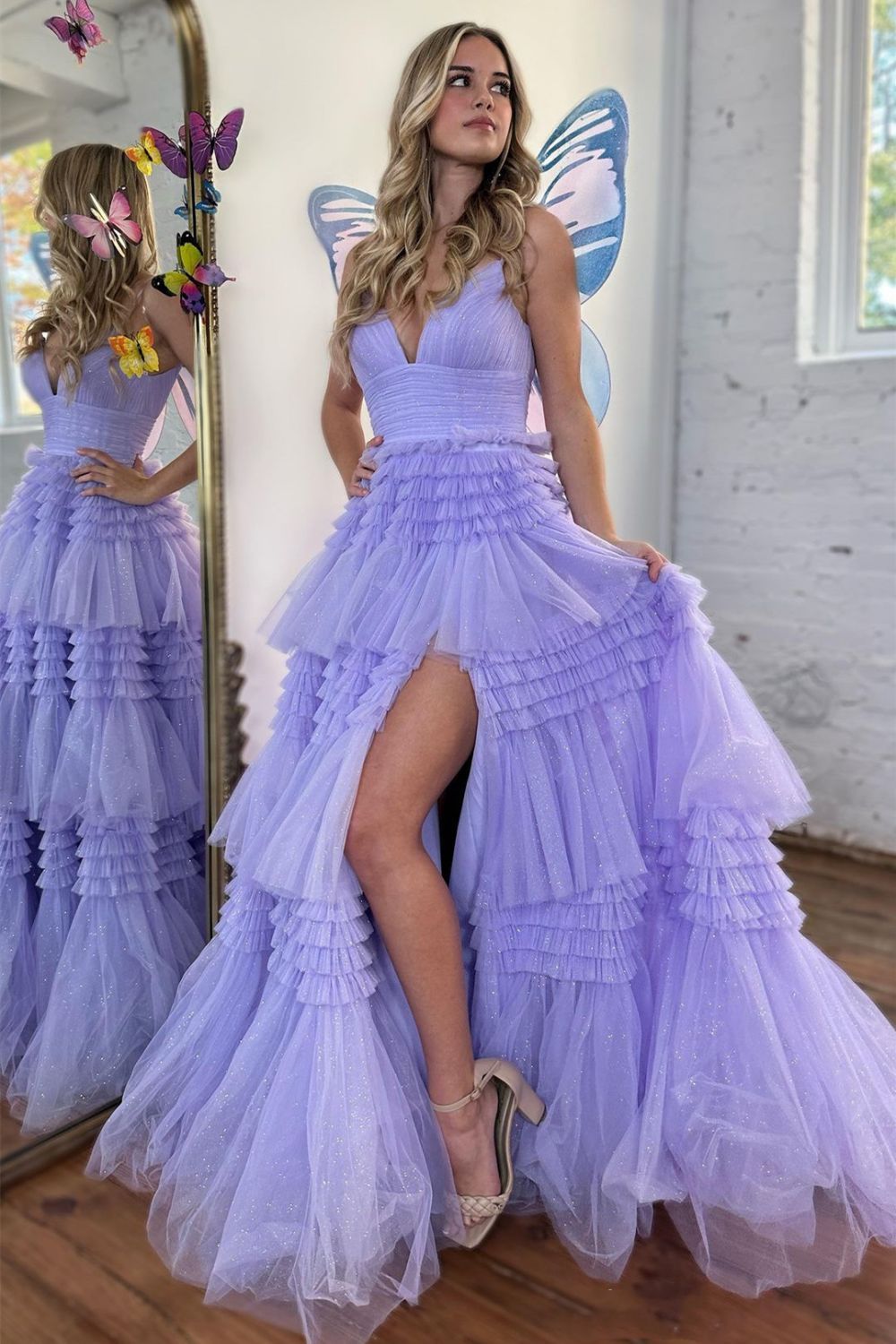 A-Line Spaghetti Straps Long Ruched Tulle Prom Dress With Split