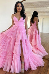 A-Line Spaghetti Straps Long Ruched Tulle Prom Dress With Split