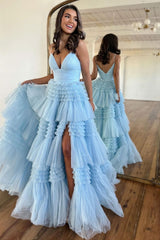 A-Line Spaghetti Straps Long Ruched Tulle Prom Dress With Split