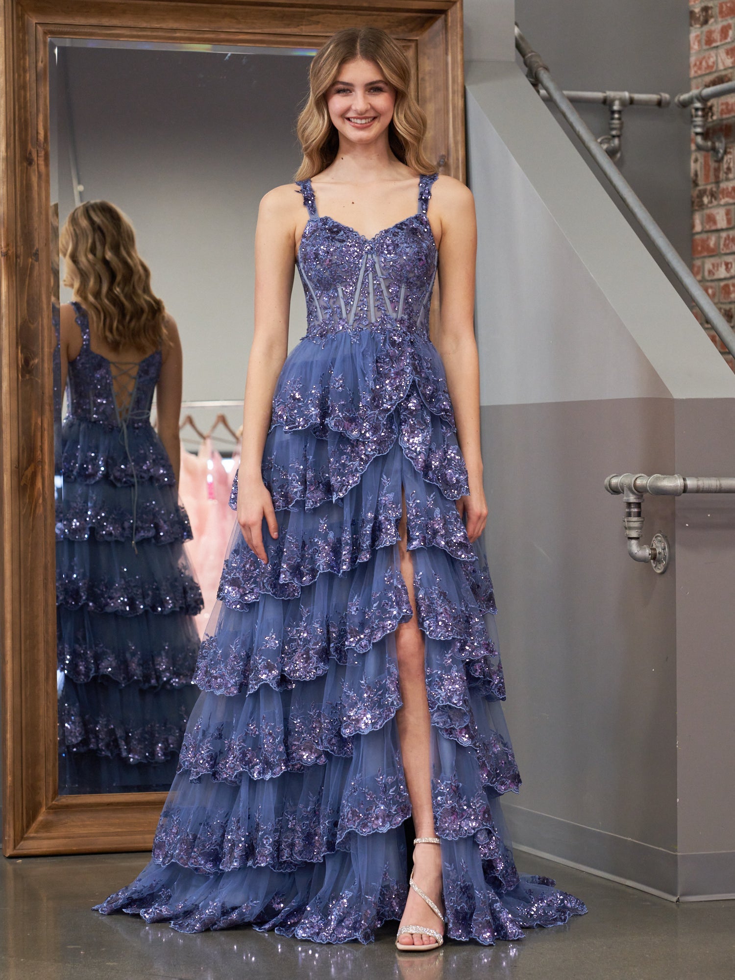 A-Line Lace Off-the-Shoulder Ruched Long Prom Dress with Slit
