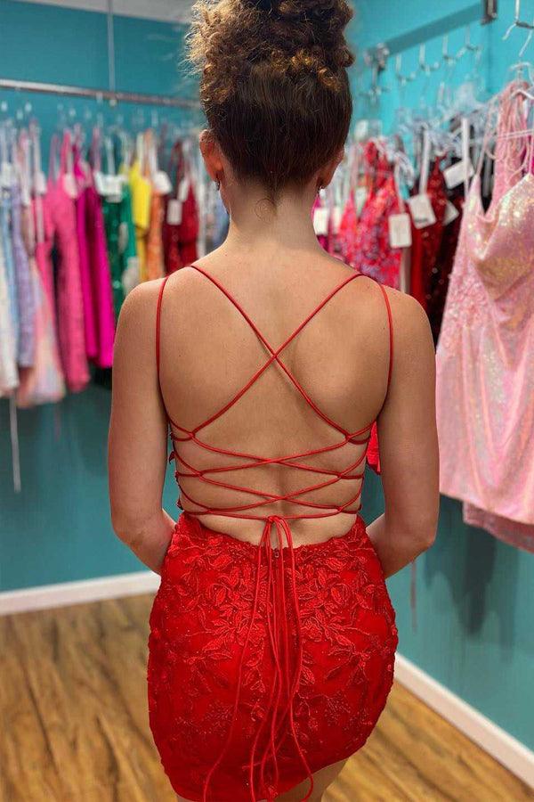 Red Appliques Plunge V-Neckline Lace Up Homecoming Dress