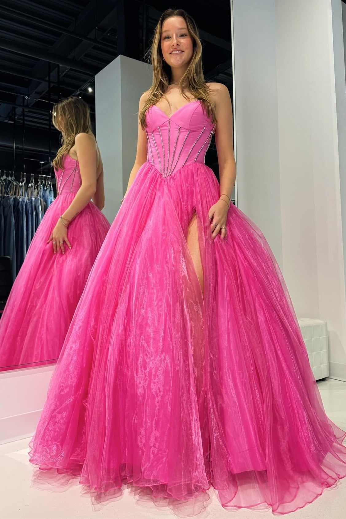 Strapless Beaded Ball Gown with Slit in Hot Cute Pink