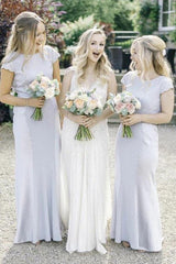 Satin Sheath Bateau Neck Bridesmaid Dresses, Cap Sleeves, Lace