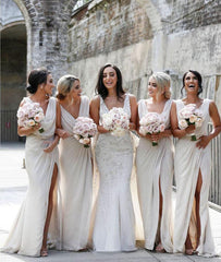 Simple Chiffon V-neck Bridesmaid Dresses, Sweep Train, Pleated, with Slit