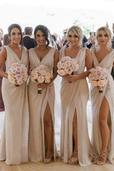 Simple Chiffon V-neck Bridesmaid Dresses, Sweep Train, Pleated, with Slit