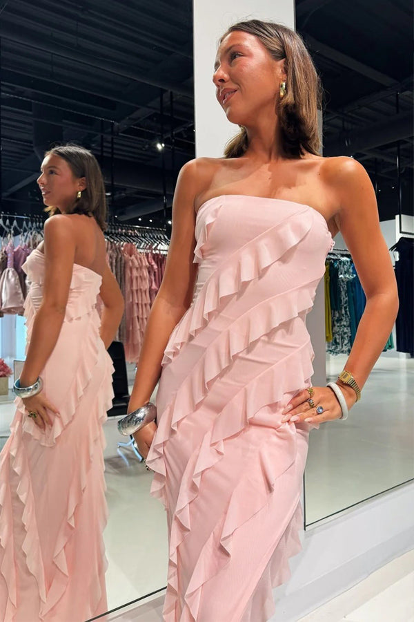 Pink Chiffon Strapless Ruffle Bridesmaid Dress with Slit