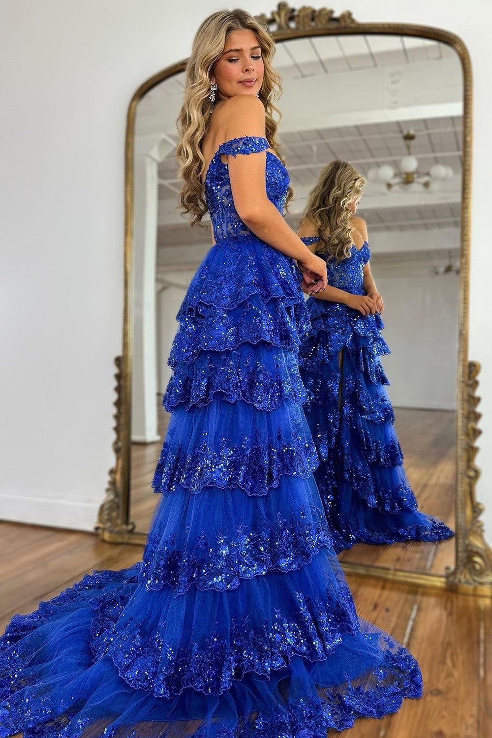 A-Line Lace Off-the-Shoulder Ruched Long Prom Dress with Slit
