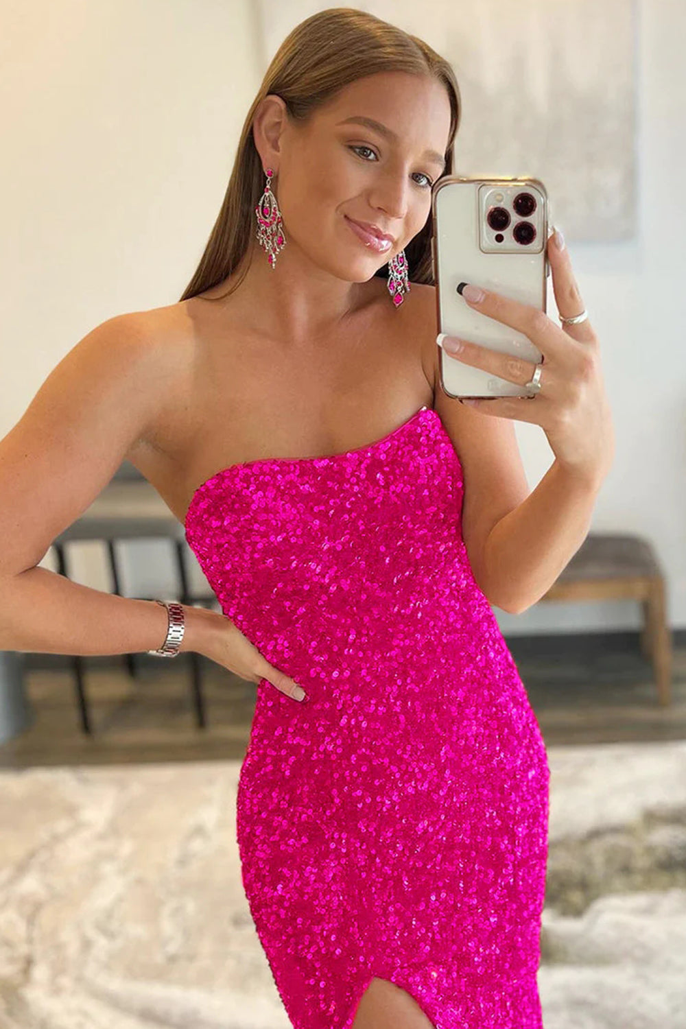 Mermaid Sheath Strapless Sequins Long Prom Dress with Slit