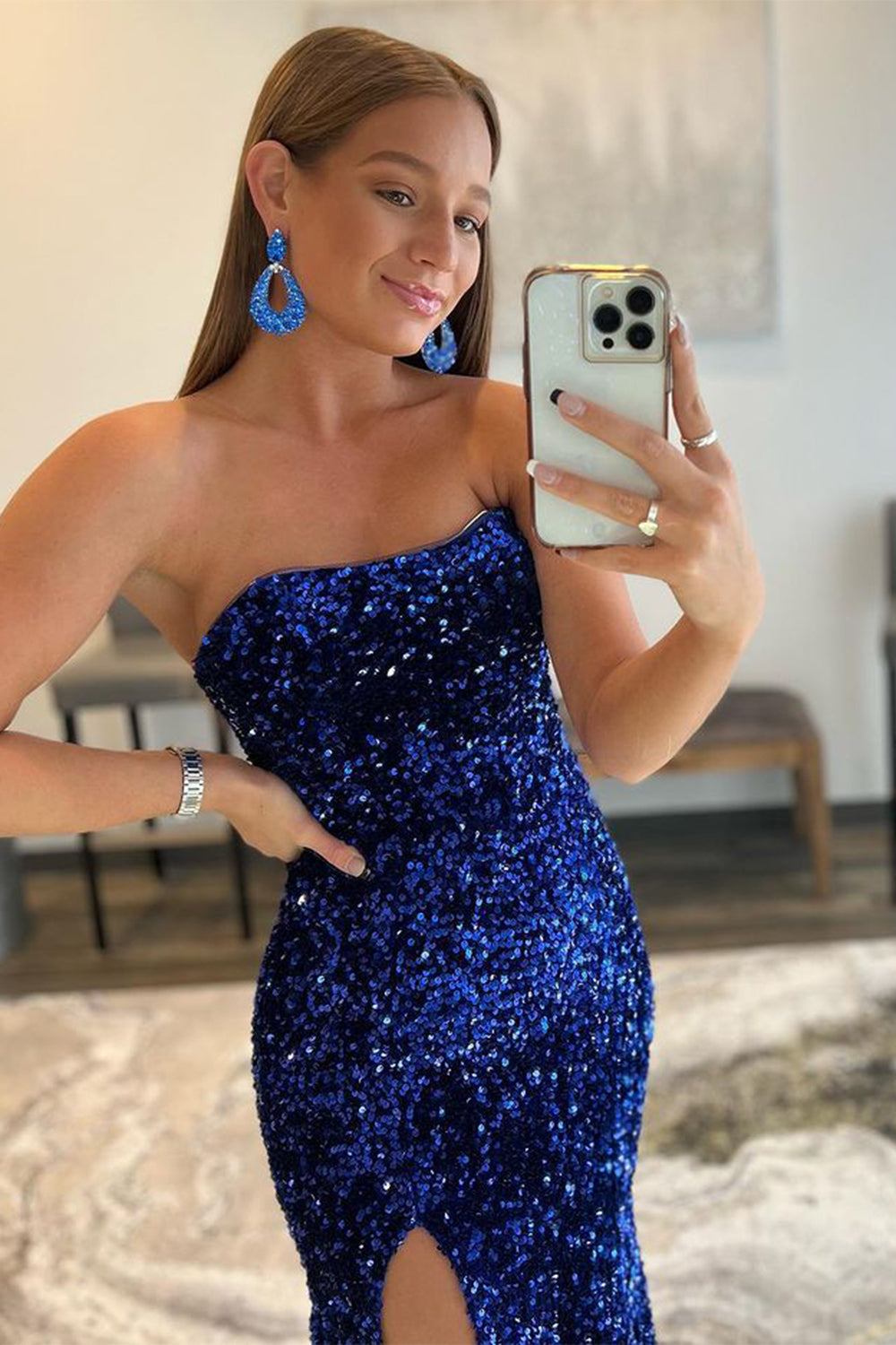 Mermaid Sheath Strapless Sequins Long Prom Dress with Slit