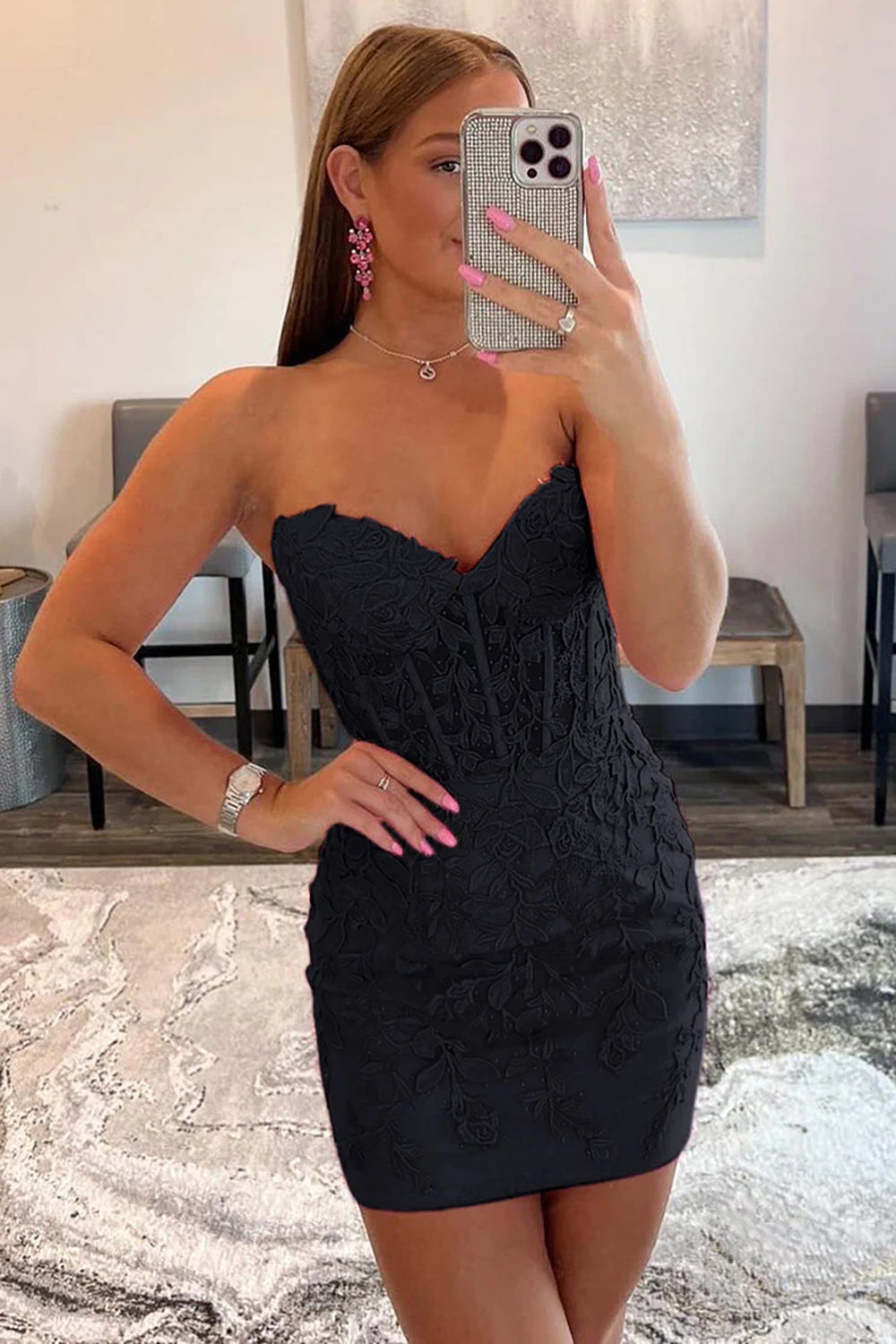 Cute Pink Tight Short Homecoming Dress with Appliques