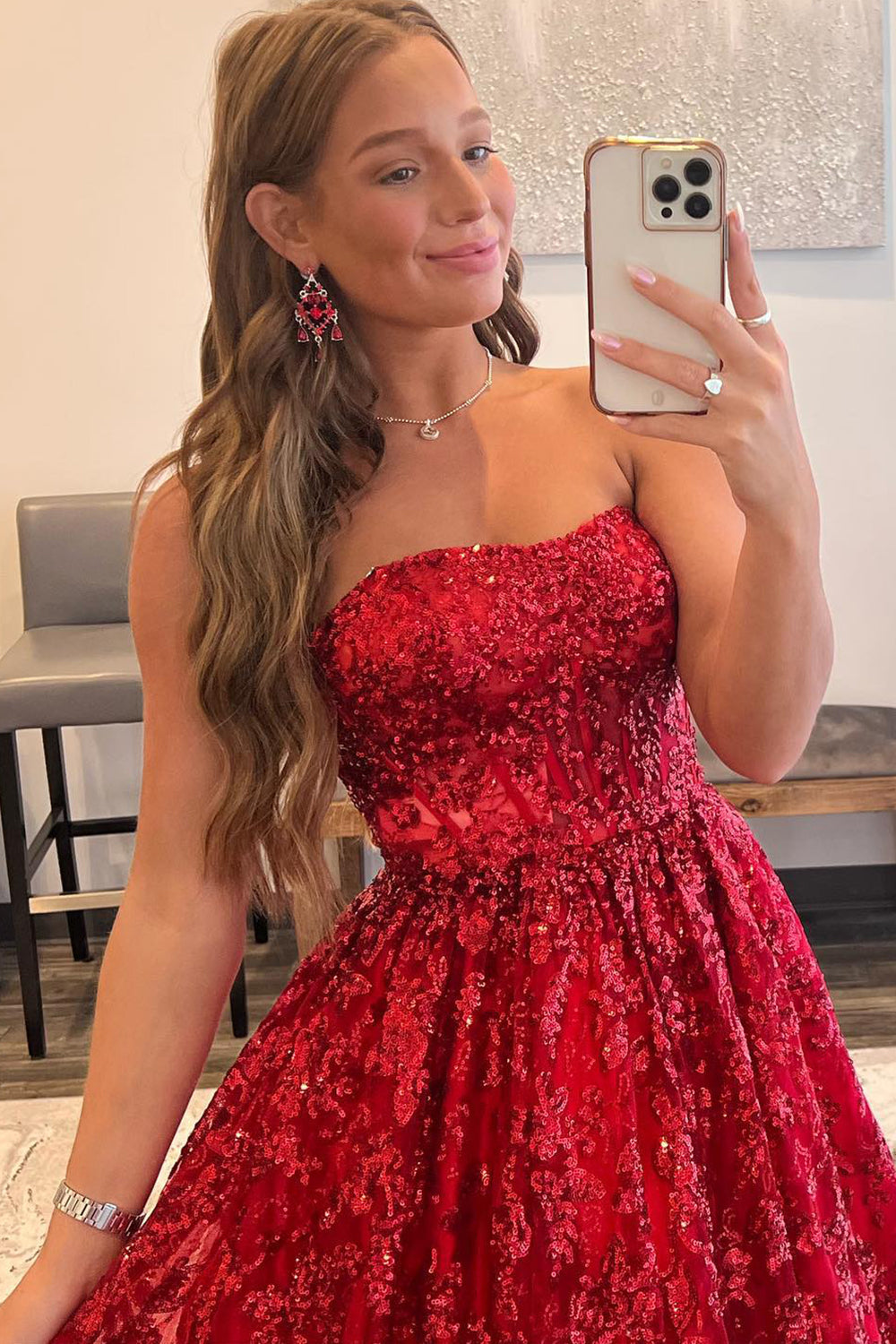 A-line Sequined Lace Long Prom Dress with Pockets