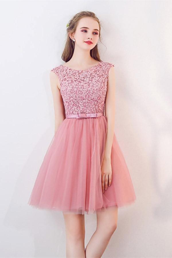 A-Line Cap Sleeves Appliqued Bowknot Crystal Sash Homecoming Dress