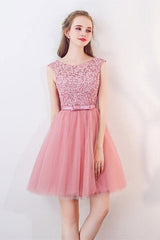 A-Line Cap Sleeves Appliqued Bowknot Crystal Sash Homecoming Dress