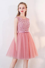 A-Line Cap Sleeves Appliqued Bowknot Crystal Sash Homecoming Dress