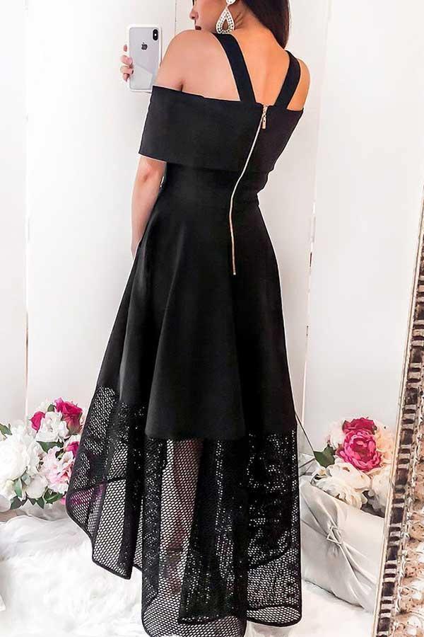 A-Line Cold Shoulder High Low Black Homecoming Dress with Lace