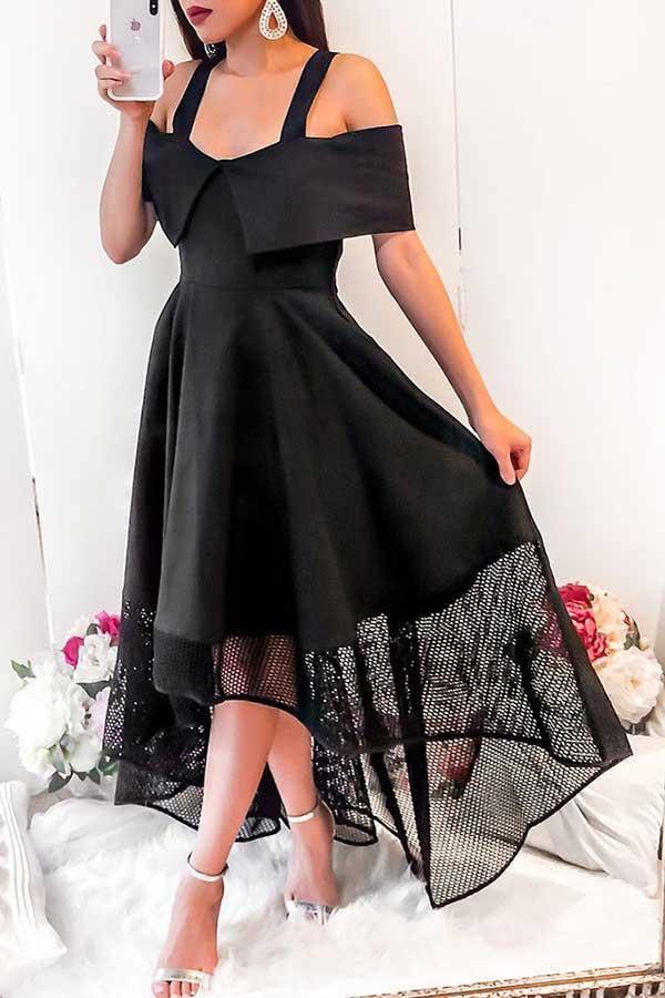 A-Line Cold Shoulder High Low Black Homecoming Dress with Lace
