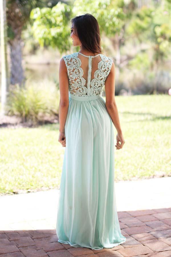 Mint Chiffon A-Line Crew Bridesmaid Dress, Floor-Length, with Lace