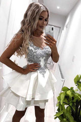 A-Line Crew Short Tiered White Homecoming Dress with Appliques