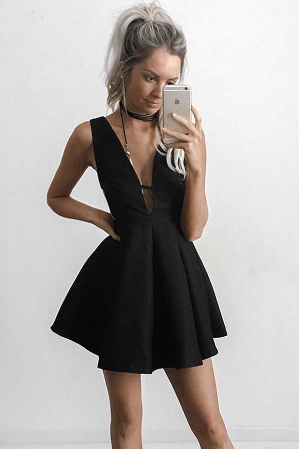 A-Line Deep V-Neck Short Cut Out Black Satin Homecoming Dress