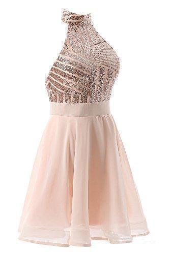 A-Line Halter Short Pink Chiffon Homecoming/Cocktail Dress with Sequins