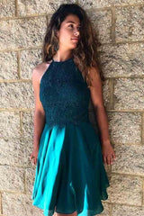 A-Line Jewel Turquoise Chiffon Homecoming Dress with Lace Beading