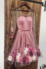 A-Line Long Sleeves Short White Floral Prom Dress Homecoming Dress