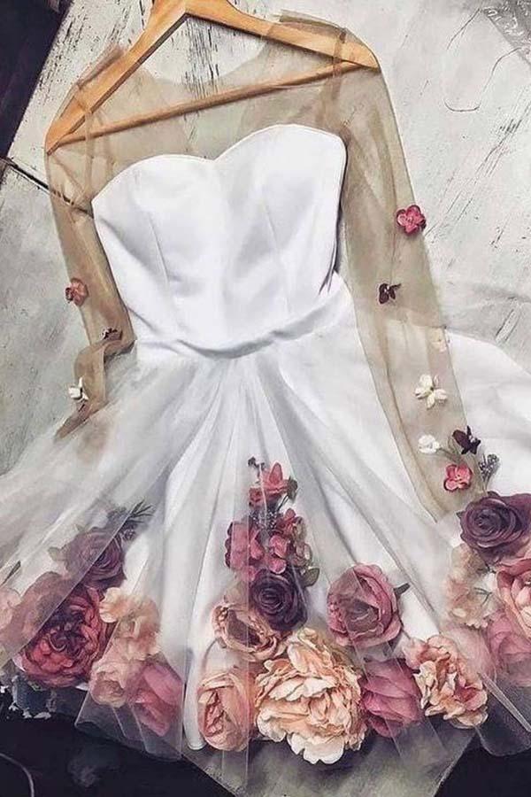 A-Line Long Sleeves Short White Floral Prom Dress Homecoming Dress