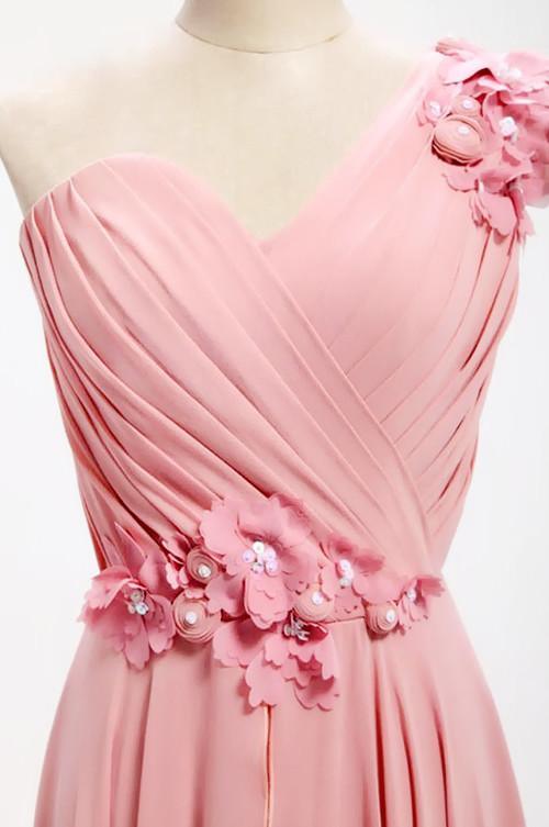 A-line One Shoulder Bridesmaid Dress, Long Chiffon, with Flowers