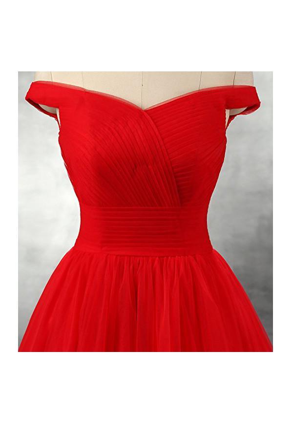 Red A-line Floor Length Tulle Prom Dresses Evening Dresses