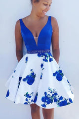 A-line Royal Blue and White Short Floral Homecoming Dress