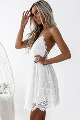 A-Line Spaghetti Straps Criss-Cross Straps White Lace Homecoming Dress
