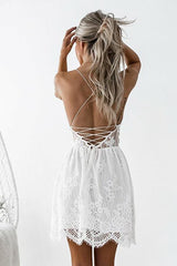 A-Line Spaghetti Straps Criss-Cross Straps White Lace Homecoming Dress