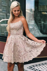 A-Line Spaghetti Straps Cross Back Blue Lace Short Prom Dress