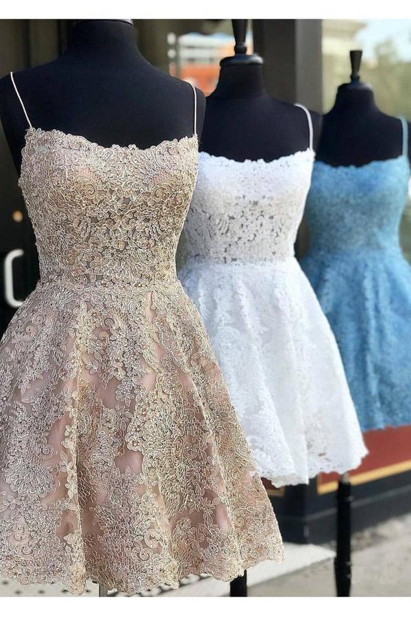 A-Line Spaghetti Straps Cross Back Blue Lace Short Prom Dress