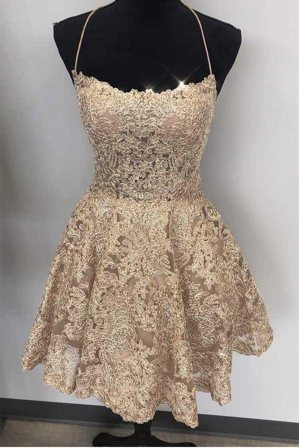 A-Line Spaghetti Straps Cross Back Blue Lace Short Prom Dress