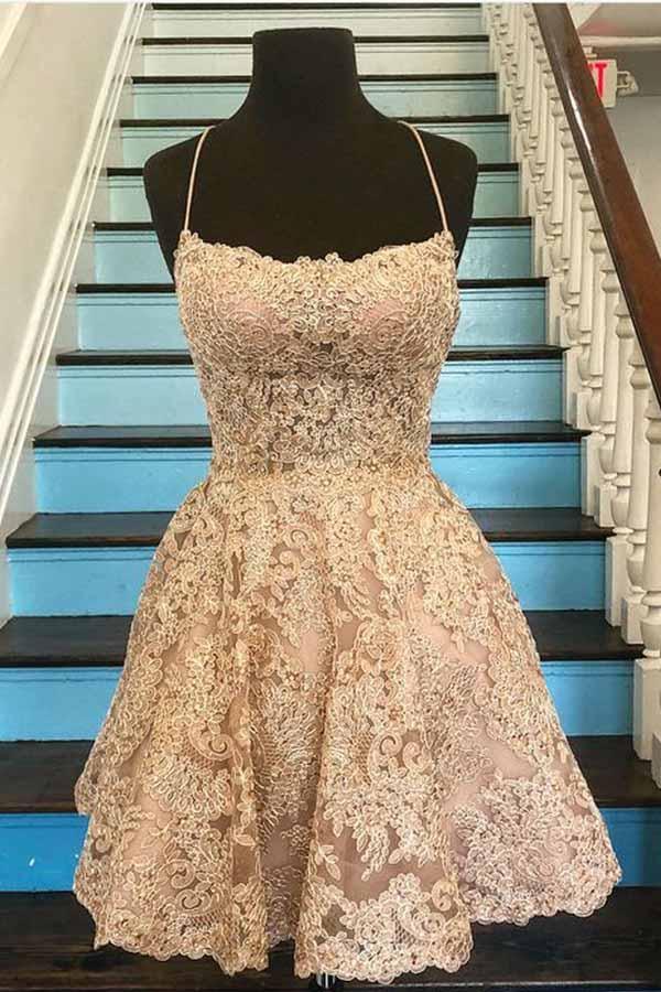A-Line Spaghetti Straps Cross Back Blue Lace Short Prom Dress