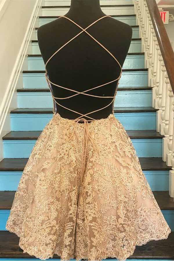 A-Line Spaghetti Straps Cross Back Blue Lace Short Prom Dress