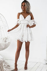 A-Line Spaghetti Straps Short White Lace Homecoming Dress with Ruffles