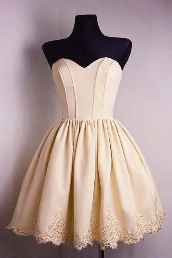 A-Line Sweetheart Sleeveless Satin Homecoming Dress with Lace Applique