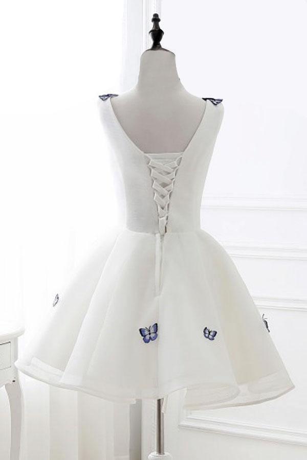 A-Line V-Neck Ivory Organza Homecoming Dress with Appliques