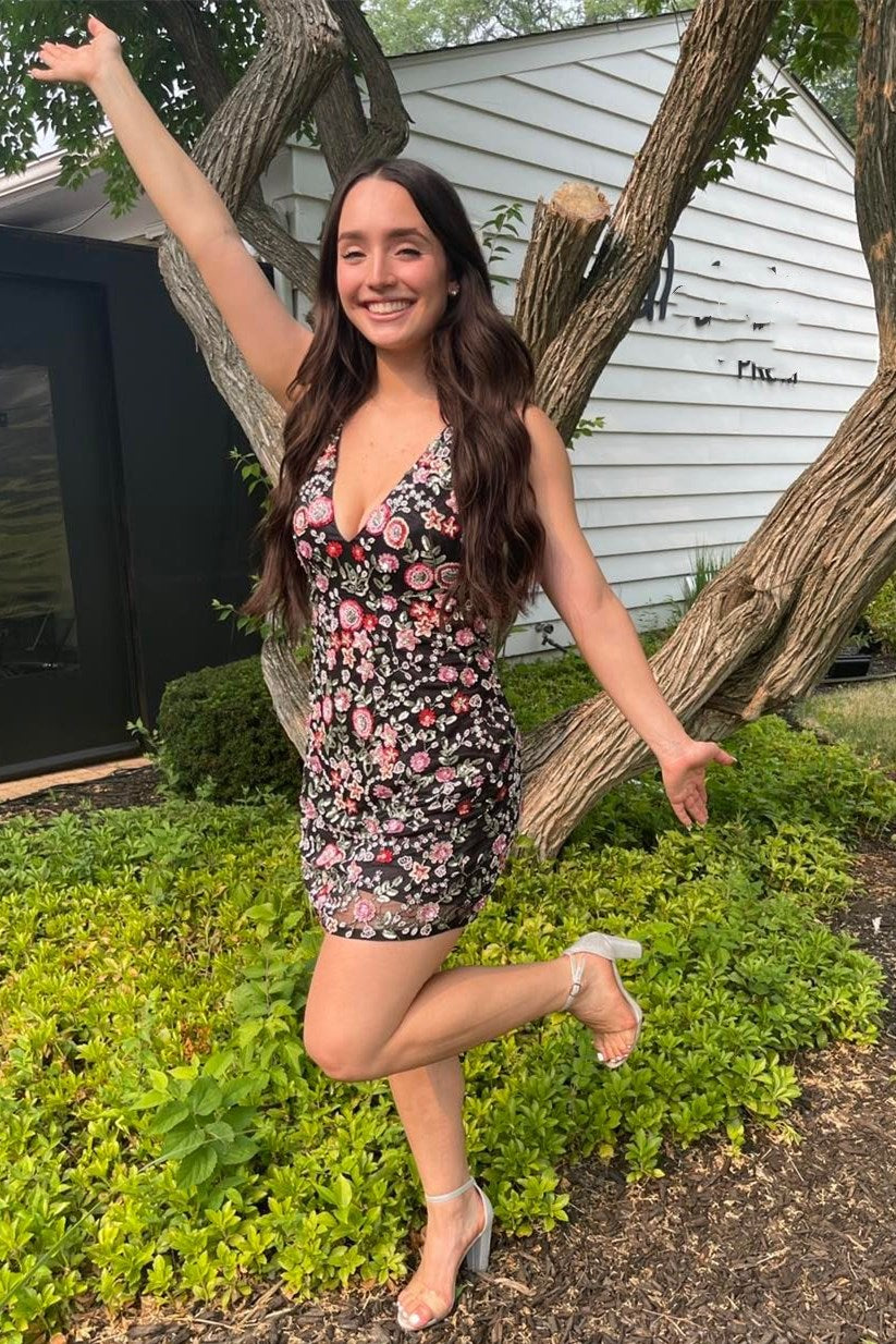 Aqua Blue V-Neck Backless Short Party Dress with Floral Appliques