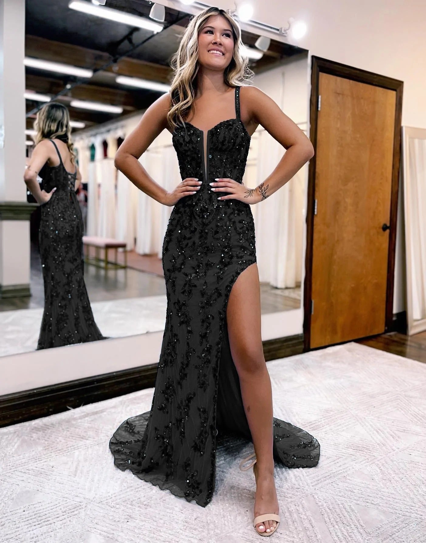 Shinny Blue Bodycon Sequins Long Prom Dress with Slit