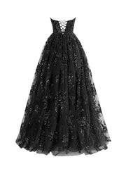 A Line Strapless Pleating Long Prom Dress With Appliqued