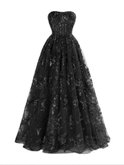 A Line Strapless Pleating Long Prom Dress With Appliqued